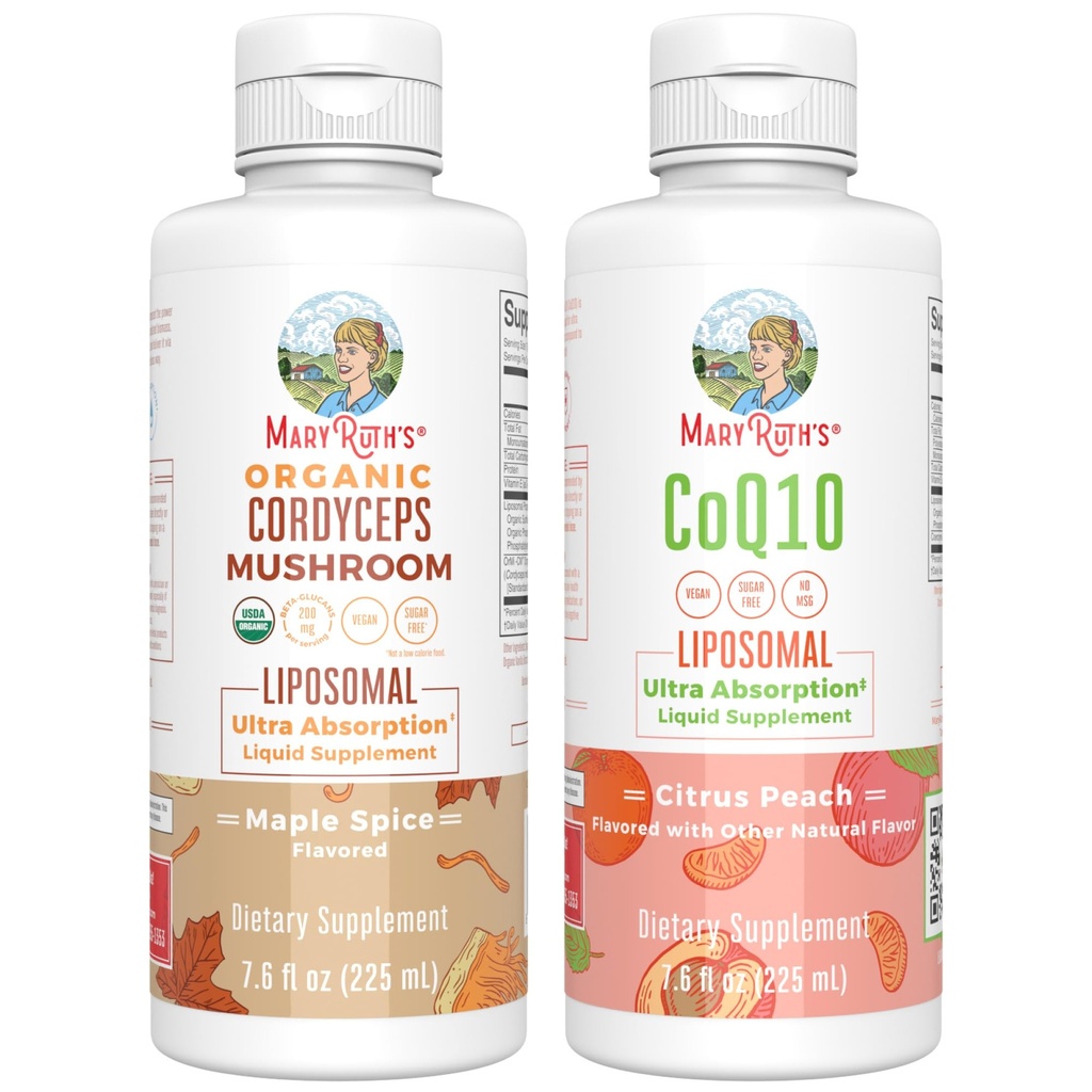 MaryRuth Organics Cordyceps Liposomal (Maple Spice) & CoQ10 (Citrus Peach) - 124; Clean Label Project Verified ® - 124; Vitamin til Immunitet, Heart Health, & Samlet Wellness - 124; Vegan, Non- GMO, Gluten- Free