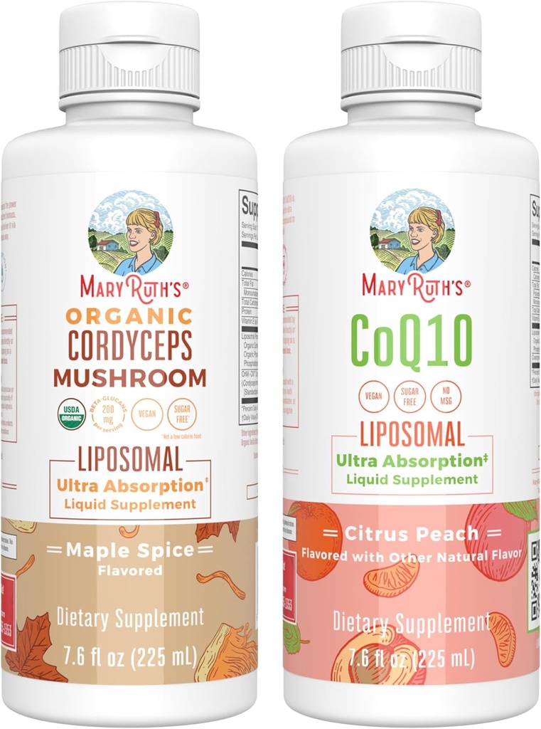 MaryRuth Organics Cordyceps Liposomal (Maple Spice) & CoQ10 (Citrus Peach) - 124; Clean Label Project Verified ® - 124; Vitamin til Immunitet, Heart Health, & Samlet Wellness - 124; Vegan, Non- GMO, Gluten- Free