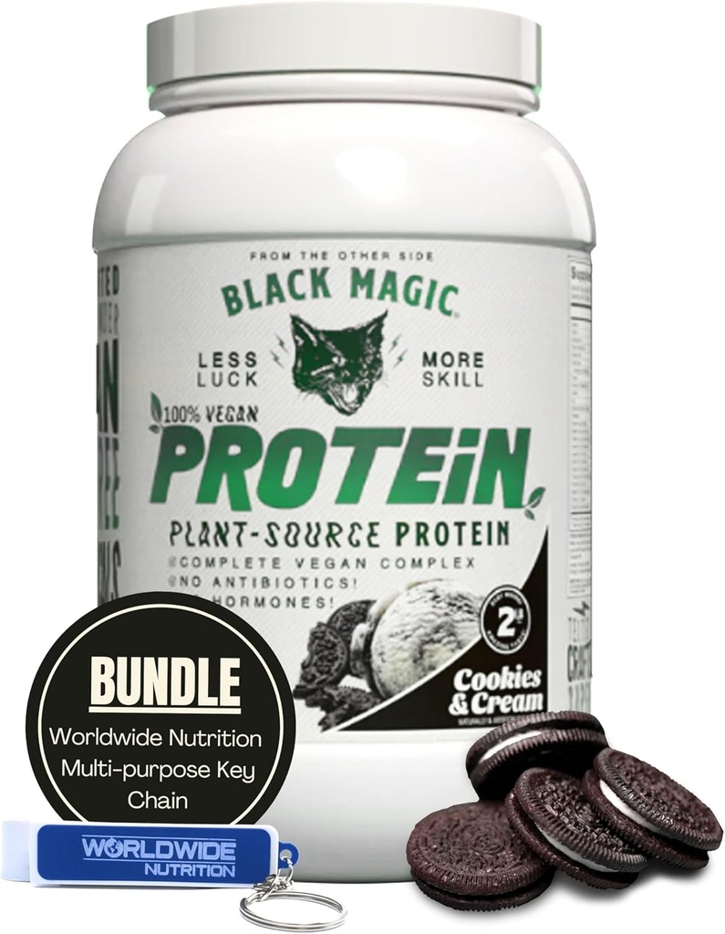 Worldwide Nutrition Bundle Kompatibel med Black Magic Multi- Source Protein Powder - Vegan Cookies og Cream Medicine 124; High Protein Powder, Low Carb, Low Sugar Medical 124; Whey, Egg & Casein Blend - 2 LB med Keychain