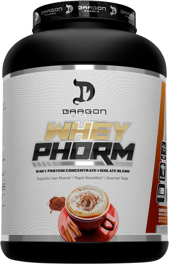 DRAGON PHARMA Whey Protein Blend, Fast Absorption, Gluten Free, 100% Whey Protein, WheyPhorm, Maksimere Inddrivelse, Great Tasting, 25 Bedste Protein (65 Servere, Cappuccino)