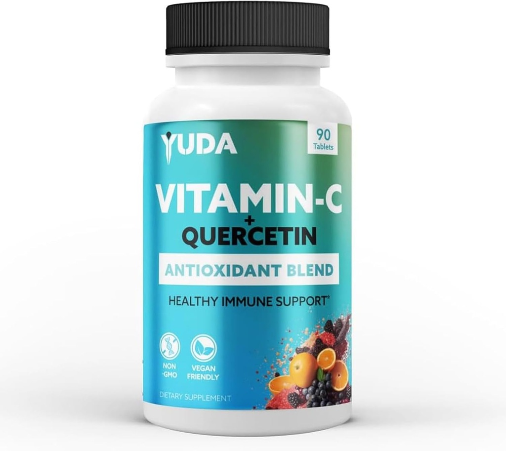 Yuda Quercetin Kosttilskud med vitamin C 1000mg - Super C Vitamin & Quercitin Formel til immunstøtte Beriget med Elderberry & Rose HIPS - fremmer en sund immunrespons - 90 tabletter