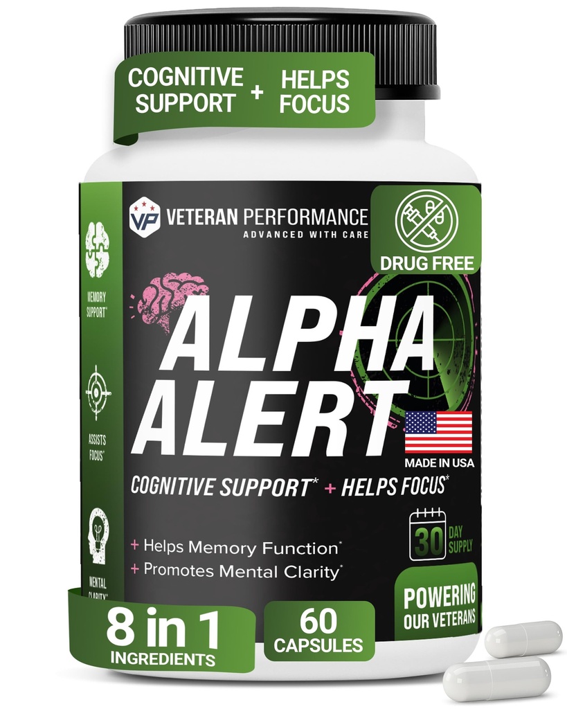 Alpha Alert - Veteran Ejede Hjerne Kosttilskud til hukommelse og fokus - Third-Party Testet, Dairy & Gluten- Free Nootrop Memory Kosttilskud - 60 Veggie Kapsler