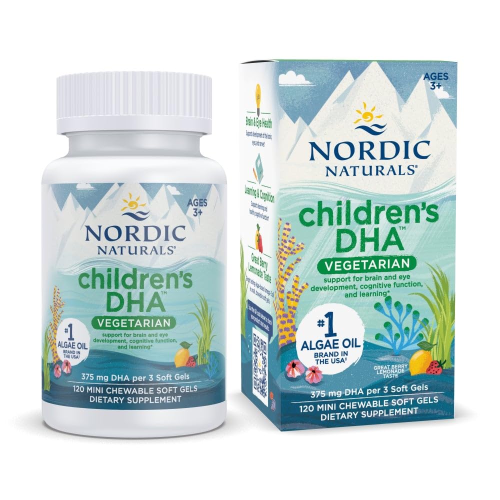 Nordic Naturals Children 's DHA Vegetarian - Kids DHA Omega-3 Supplement -Algae Oil - Berry Lemonade Mini Chewables - Plantbaserede Formel for alderen 3 + - 120 Soft Gels - 40 Serveringer