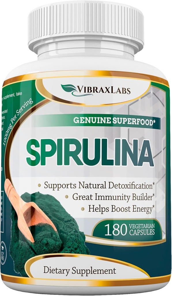 vibraxlabs Spirulina kapsler - 100% Pure 1000mg Servering (500mg Veggie kapsler) Pulver supplement, Understøtter naturlig afgiftning, Fordele sundhed på et cellulært niveau, Bedste med Chlorella