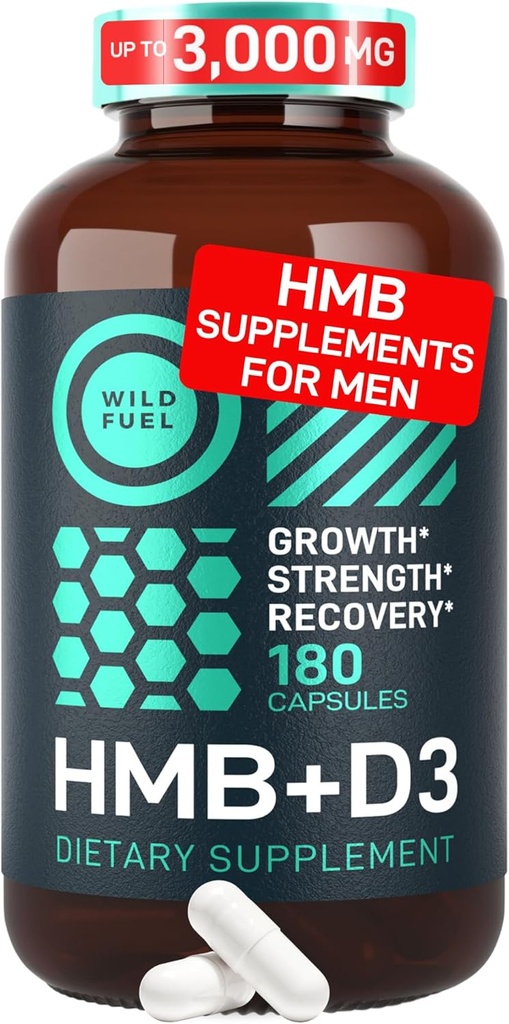 WILD FUEL 3,000mg HMB tillæg Plus D3- vitamin - muskelvækst, styrke, hurtig workout Inddrivelse HMB Kosttilskud til mænd og kvinder - Calcium Beta- Hydroxy Beta- methylbutyrat - 180 kapsler