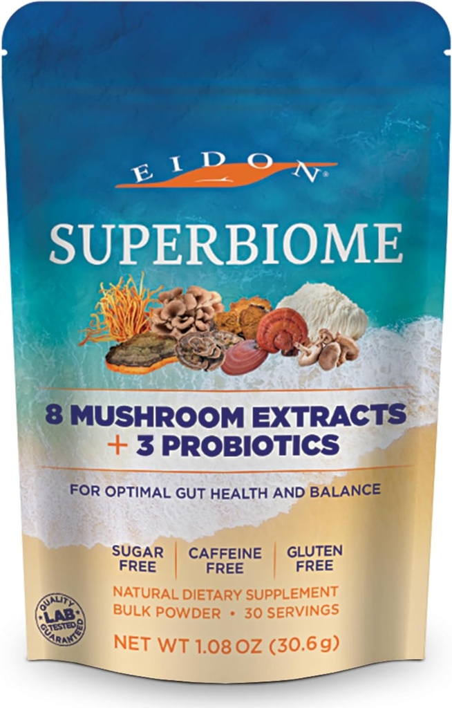 Eidon SuperBiome, Mushroom Probiotika Powder Blend, Gut Balance, Microbiome Health Supplement med Organic Reishi, Chaga, Lions Mane, Cordyceps, Tyrkiet Tail, Shitake, Maitake, Phelinus, 30 Servere