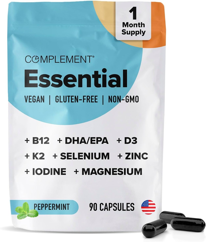 Komplement Essential Vegan Multivitamin til mænd og kvinder (30 Servere, 180 Kapsler) med Omega-3 DHA & EPA, B12, Vitamin D3 & K2, Zink, Selen, Magnesium, Jod - Understøtter Immunitet & samlet sundhed