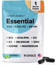 Komplement Essential Vegan Multivitamin til mænd og kvinder (30 Servere, 180 Kapsler) med Omega-3 DHA & EPA, B12, Vitamin D3 & K2, Zink, Selen, Magnesium, Jod - Understøtter Immunitet & samlet sundhed