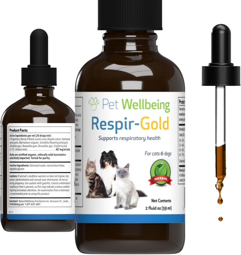 Pet Wellbeing Respirator- Gold for Cats - Understøtter sund vejrtrækning, Open Airways, Respiratory Support, Black Cumin, Horehound, Grindelia - Veterinarian-Formulated Herbal Supplement 2 fl oz (59 ml)