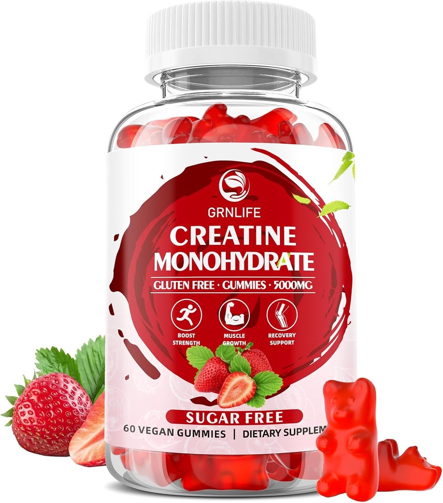 Creatinmonohydrat Gummier for mænd og kvinder, Chewables Creatinmonohydrat for muskel styrke, muskel builder, energi Boost, sukker fri, Vegan, Strawberry Flavor- 60 Greve