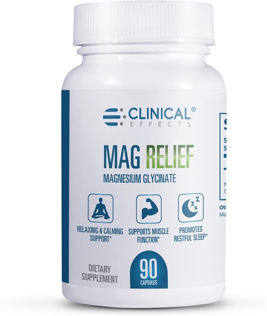 Kliniske effekter Mag Relief Magnesium Supplement - 275mg Pure Magnesium Glycinat Kapsler - 90 Magnesium Kapsler - Kvalitet Magnesium for krampe forsvar, ben, muskel og nerve Support - USA Made