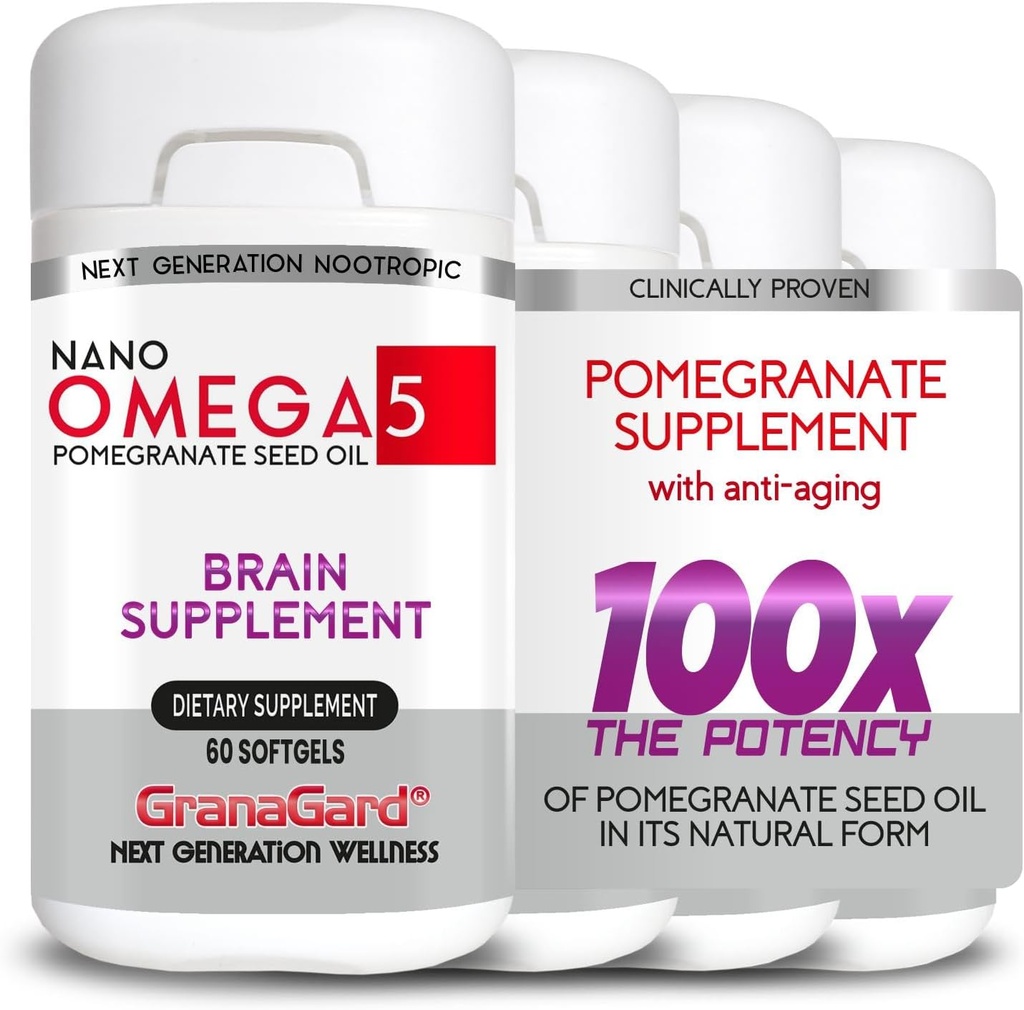 Hjerne tillæg med anti-aging, hukommelse piller, Omega 5 Pomegranat supplement, 4 flasker 60ct hver