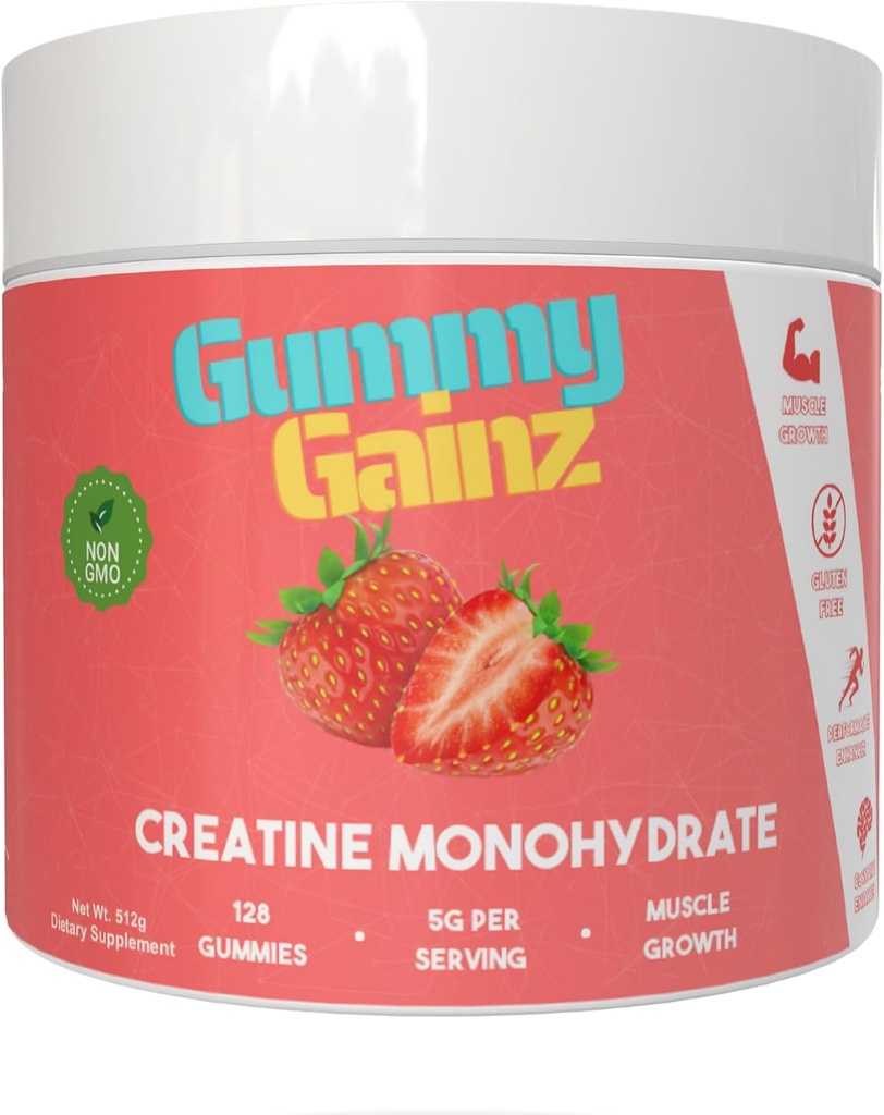 Creatin monohydrat Gummies Muscle Strength Builder Gain Hurtigere Inddrivelse 5000mg for mænd & kvinder Boost Energy Pre- Workout Chewables Supplement 128ct (Regelmæssig, Jordbær)