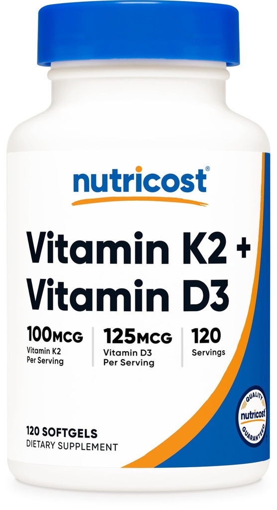 Nutricost Vitamin D3 + K2 (5000 IE D3 / 100mcg MK7), 120 Softgels - Gluten- Free & Non- GMO