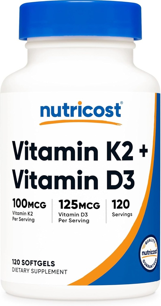 Nutricost vitamin K2 (MK7) (100mcg) + D3- vitamin (5000 IE) 120 Softgels - Gluten Free and Non- GMO