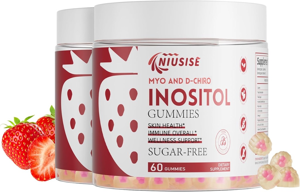 Inositol Gummies, Inositol Supplement med Myo-Inositol & D-Chiro Inositol + D3- vitamin, Ideel 40: 1 Ratio, med Magnesium Glycinat 400mg, Understøtter Regelmæssig cyklus for kvinder, Vegan, 2 Pack