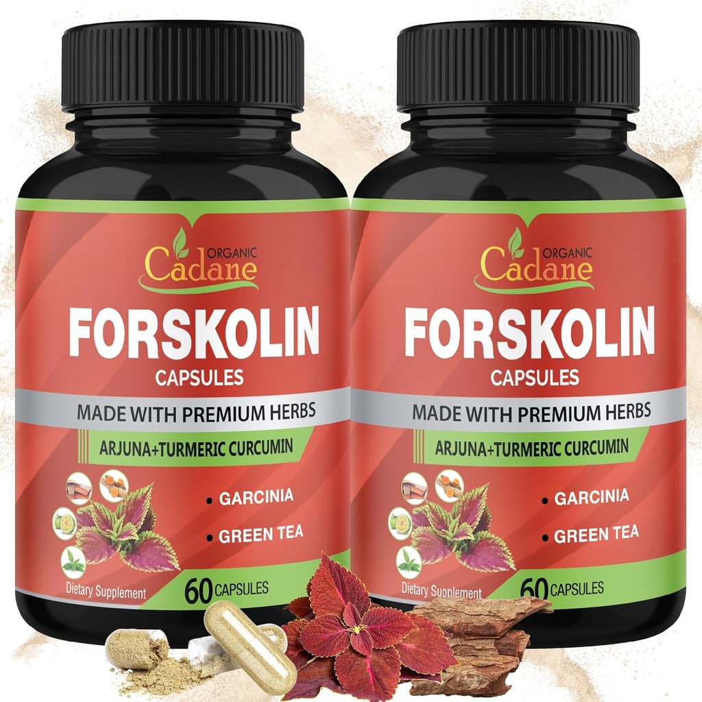 Cadane 2 Pakker Forskolin Kosttilskud Kapsler & Gurkemeje, Arjuna, Garcinia Cambogia, Green Tea - Maksimal styrke Coleus Forskohlii Extract - Support Immunsystem - 4 Måneders Tilgang