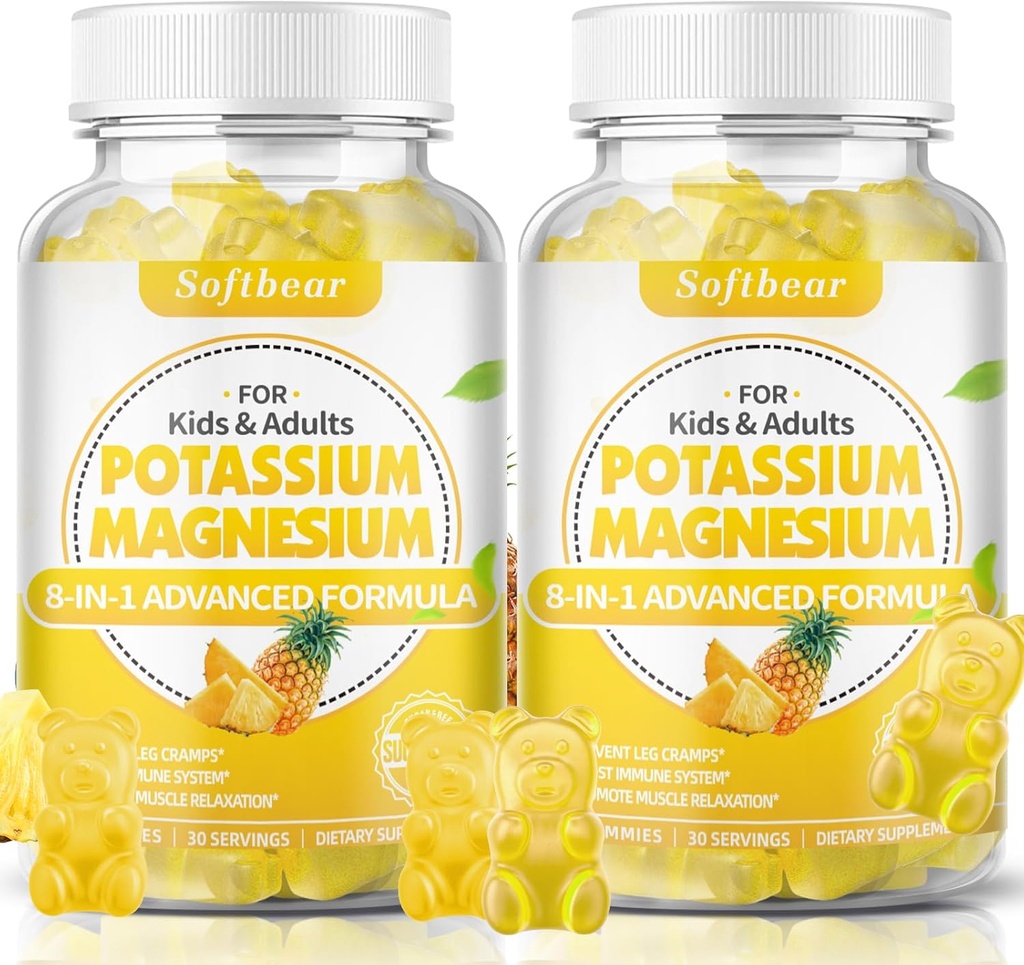 softbear Kalium Gummier for voksne, Sugar- Free Kalium Magnesium tillæg med vitamin B6 CoQ10 for Muskelkramper Vegan Pineapple Flavor 120 Gummies