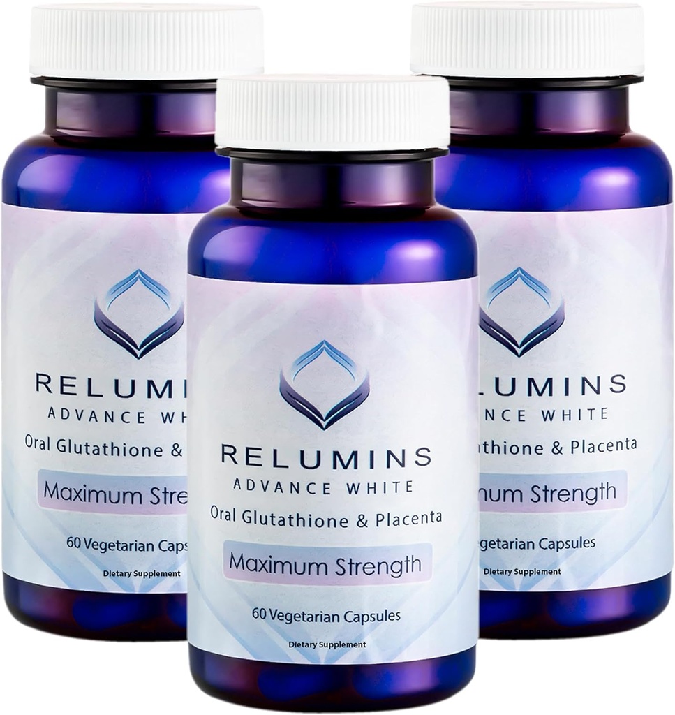 Reluminer avancerede hvide glutathion kapsler - Max Strength Brightening Supplement med ALA, Placenta, Rose HIPS & C-vitamin - Fights Oxidative Stress, Understøtter Collagen & Lavet i USA - 3 flasker