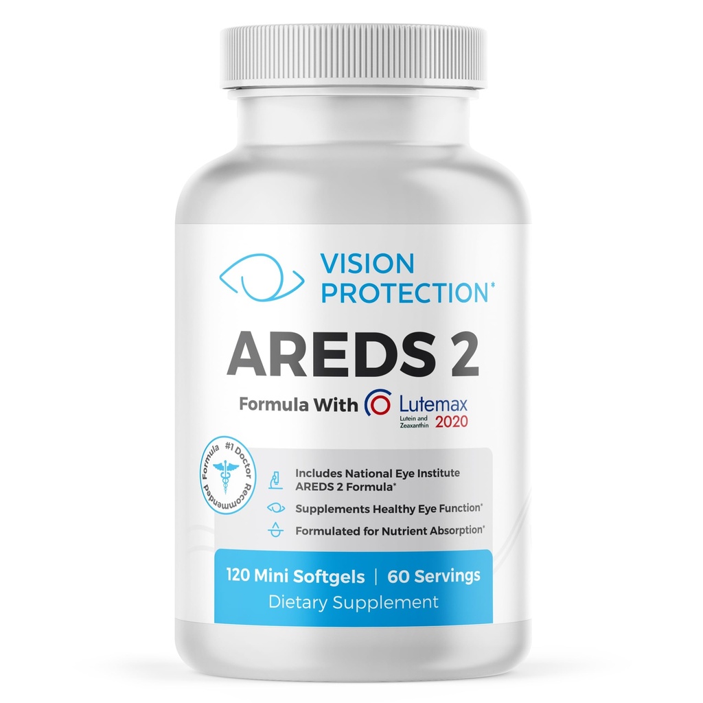 AREDS 2 Eye Vitamin & Mineral supplement til Okulær sundhed, Lutemax 2020 med Natural Eye Institute AREDS 2 Study Ingredienser Lutein, C-vitamin, & Zeaxanthin, 120 Mini Softgels