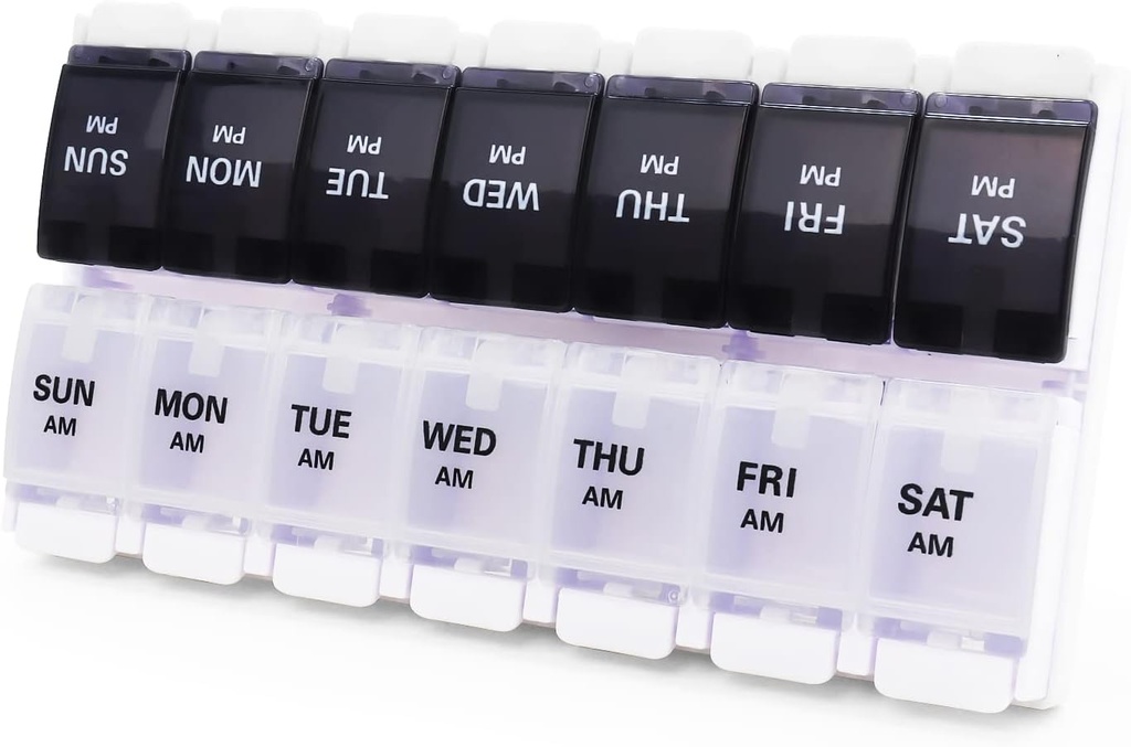 Stor pilledåse og Organizer 2 gange om dagen, MOLN HYMY 7 Dag PM Pill Case, 14 Compartments Pill Dispenser at holde Big Vitamin Kosttilskud Fish Oil (sort + hvid)