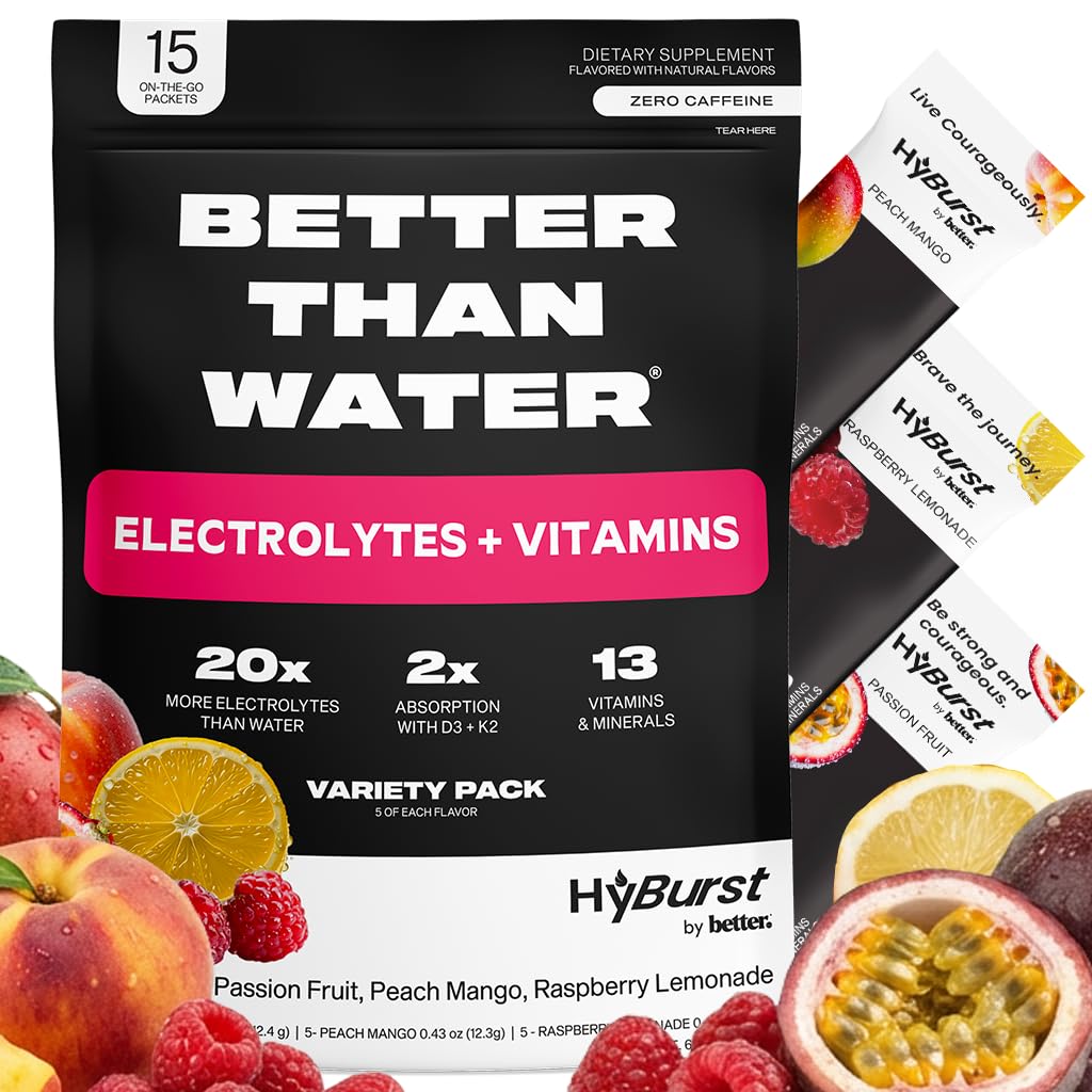 Elektrolyte & vitamintilskud Pulver, Drik Mix med B12, L- Theanin, D3, K2, Zink, Magnesium, Kalium, Understøtter Calm Focus & Energy, Variety Pack 1, 15 Pack