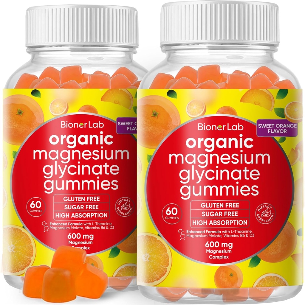 BionerLab Magnesium Glycinat Chewable Gummies (600mg) for børn og voksne Mænd - Vegan Complex med Calcium Kalium Vitamin D B6 L- Theanine - Sugar & Gluten Free - Orange Flavor