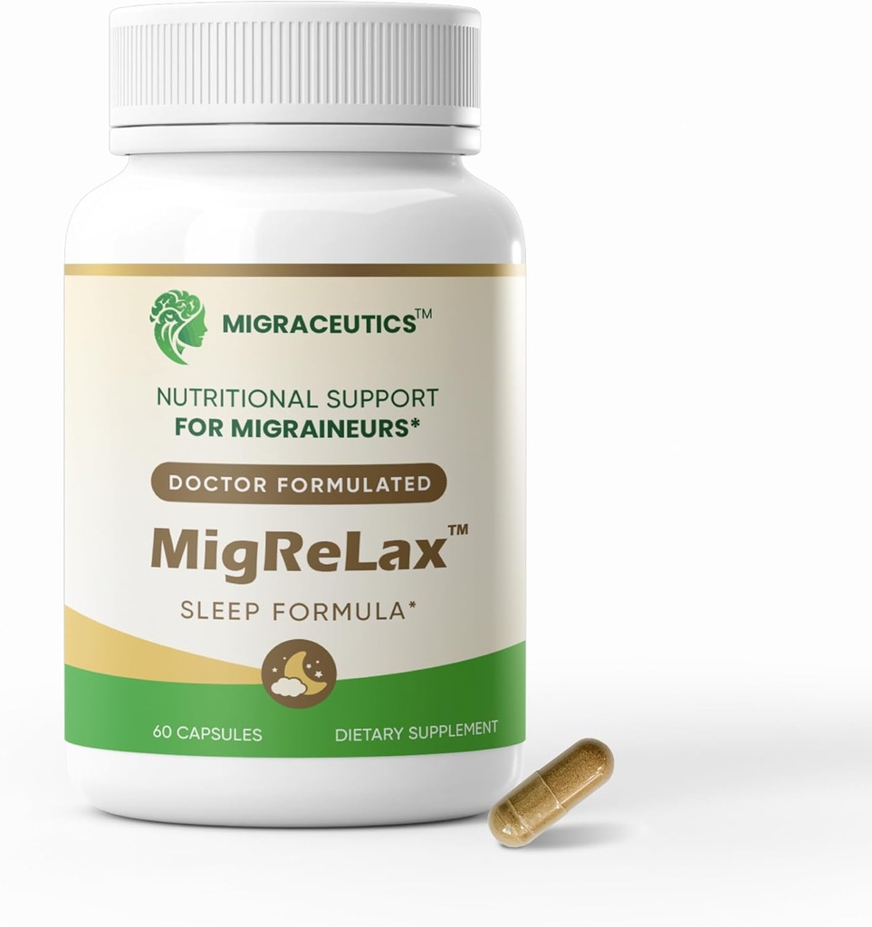 MigReLax - Doctor Formuleret Migræne Relief Kosttilskud - Sove & Afslapning Støtte med Valerian, Lemon Balm, Passion Flower, Humle - Migræne Supplement for kvinder & mænd - Migræne Hovedpine Støtte