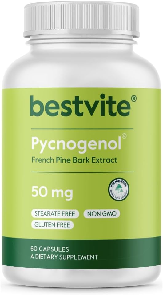 BESTVITE Pycnogenol 50mg (60 kapsler) - Fransk Maritime Pine Bark ekstrakt - Ingen Stearates - Gluten Free - Ikke GMO
