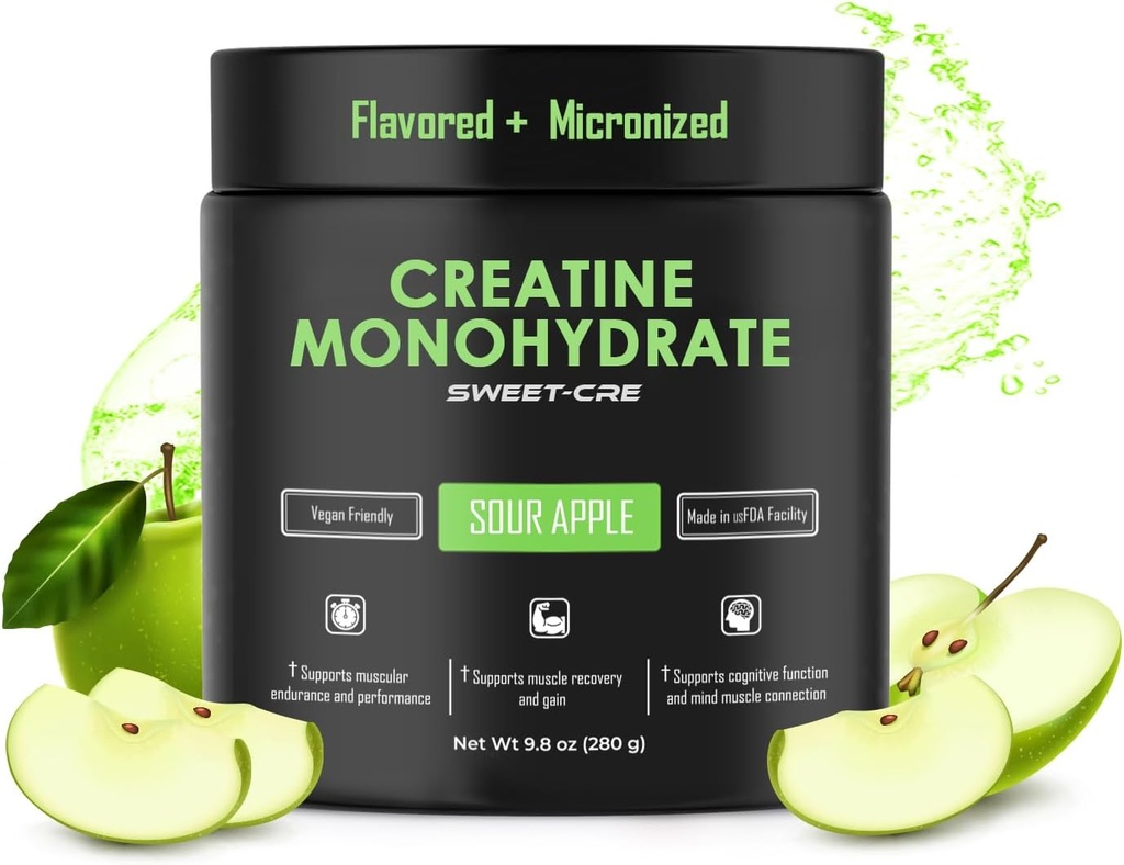 Creatin monohydrat - 5g Creatin monohydrat pulver - Avanceret Creatin for kvinder og mænd - Bulk kosttilskud Creatin - lækker frugt punch flavor - 10oz (40 Servere, Sour Apple)