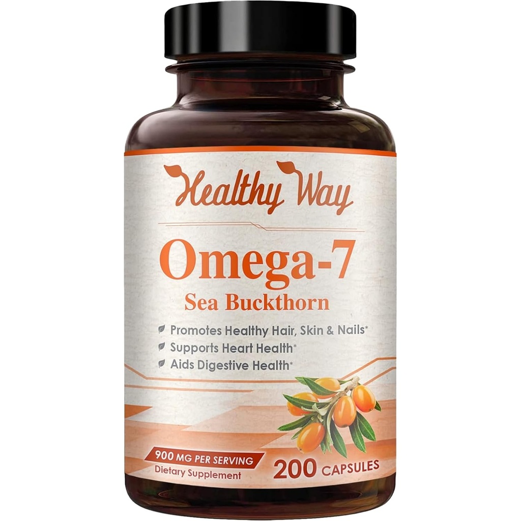 Pure Omega 7 Fedtsyrer 200 Kapsler 900mg Natural Sea Buckthorn Oil, NON- GMO USA Made