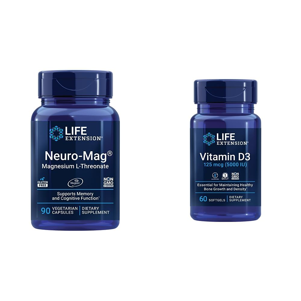 Life Extension Neuro- mag Magnesium L- threonat og D3- vitamin supplement Bundle for hjerne, ben og immunforsvar