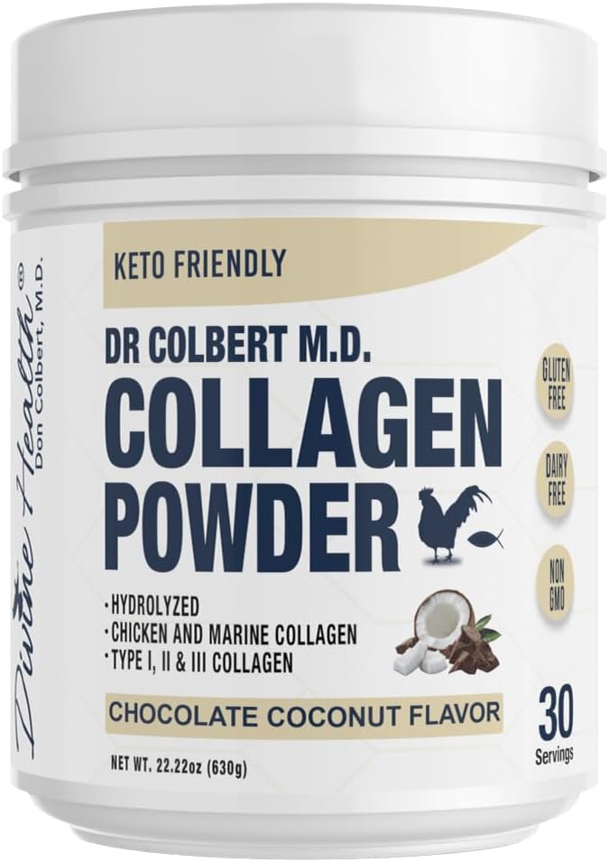 Dr. Colbert, MD Hydrolyzed Collagen Pulver • 124; Chokolade Kokosnød • 124; af guddommelig sundhed • 124; Type I, II, III • Kollagen • 124; Support Sunde hår, hud, negle og joints • 124; Keto Zone • 124; 630g • 124; 30