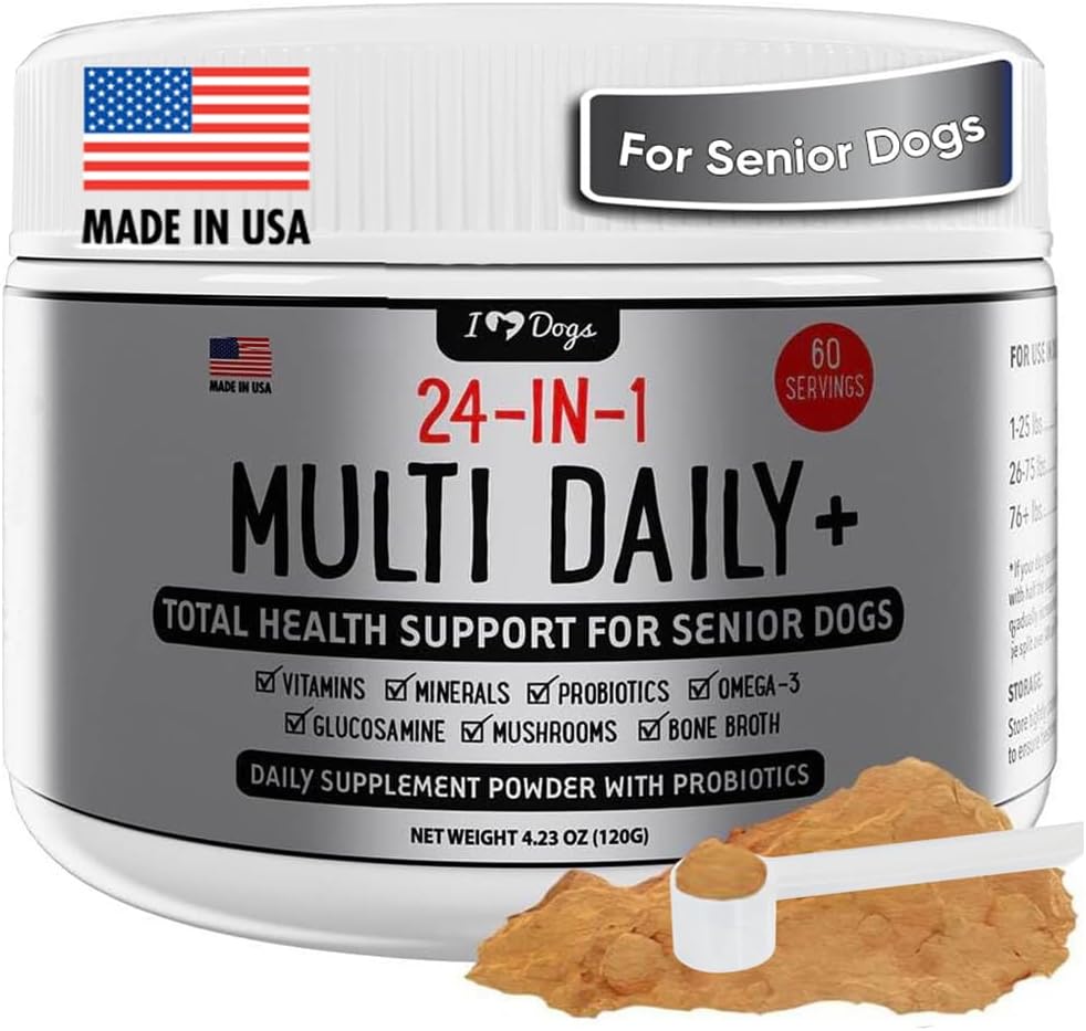 iHeartDogs 24- in-1 Senior Multivitamin Daily + Total Health Support Powder med Probiotika, Omega-3, Glucosamin, Mushrooms & Bone Broth- 60 Servere