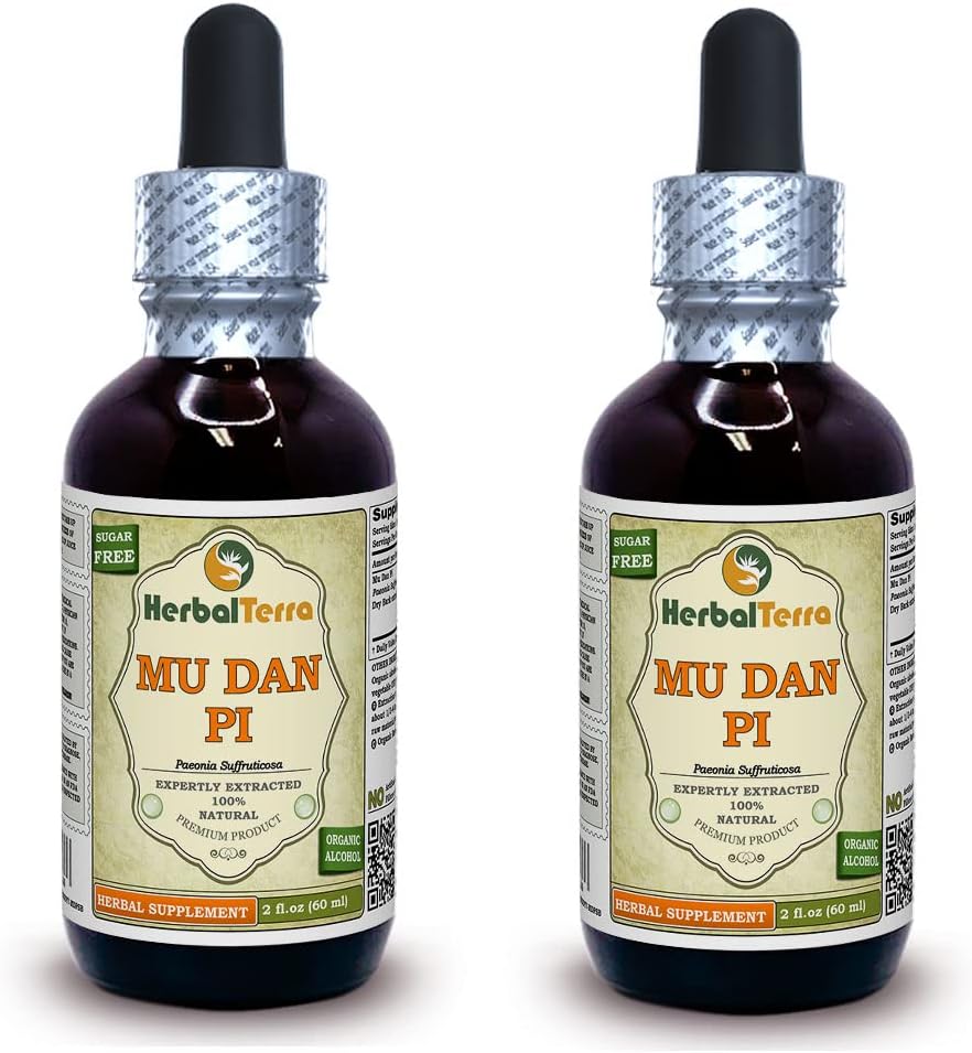 Mu Dan Pi, Tree Peony (Paeonia Suffruticosa) Tinktur, Organic Tørret Bark Liquid Extract (Brand name: HerbalTerra, Stolt fremstillet i USA) 2x2 fl.oz (2x60 ml)