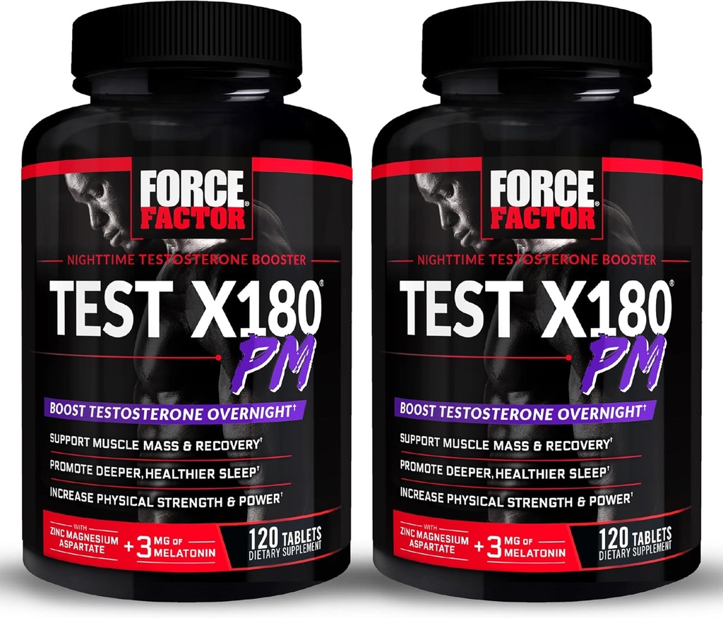 FORCE FACTOR Test X180 PM, 2- Pack, Testosteron Booster for mænd, Overnatning Testosteron supplement til at opbygge muskel, øge styrke og fremme dybere, sundere søvn og inddrivelse, 240 tabletter