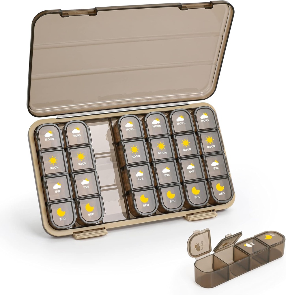 Pill Organizer 4 gange om dagen, 7 dage om dagen Pill Box 4 gange om dagen - Acedada Ugentlig medicin Box Organizer med separat sag, Portable Daily Pill Container Dispenser for Vitamin Fish Olies Kosttilskud, Brown