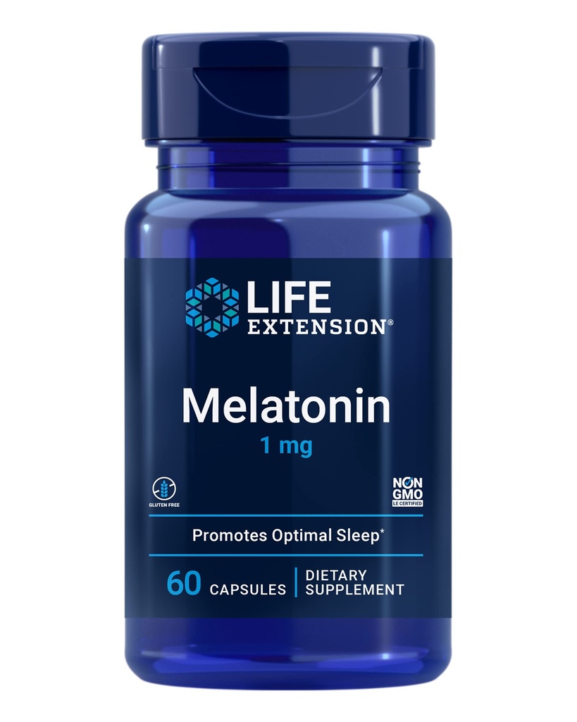 Life Extension Melatonin 1 mg - For afslappende nat, Hormonbalance, og immunforsvar - Øjeblikkelig frigivelse - Gluten- fri, ikke-GMO - 60 kapsler