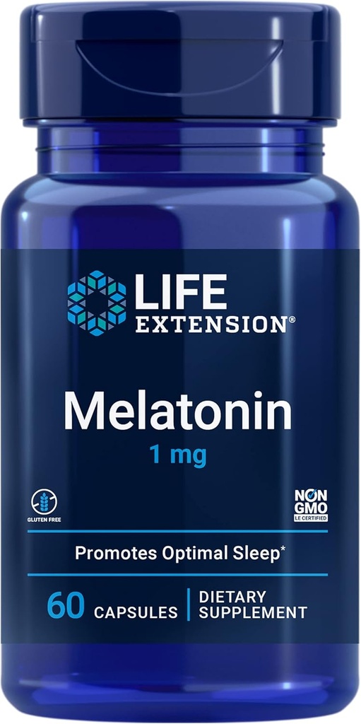 Life Extension Melatonin 1 mg - for Rastful Night, Hormone Balance, og immunforsvar - Øjeblikkelig frigivelse - Glutenfri, ikke-GMO - 60 kapsler