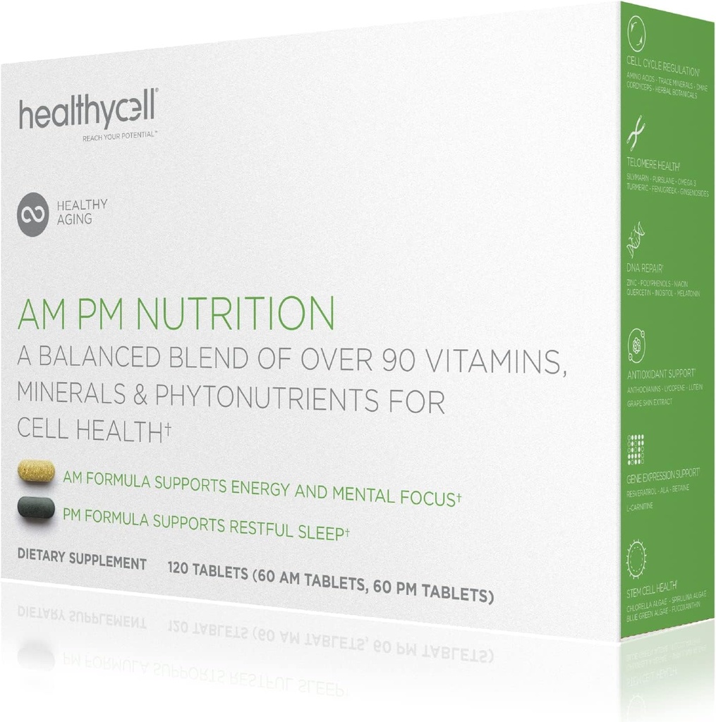HealthyCell AM PM Nutrition for Day & Night - Blend of 90 Vitamin, Minerals, Probiotika & Nutrients Understøtter samlet sundhed, energi, Focus & Sleep - Natural Multivitamin for mænd og kvinder - 30 Servering