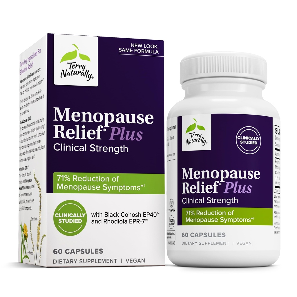 Terry naturligt Menopause Relief Plus - Menopause symptom supplement - supplement til støtte mod lejlighedsvis træthed & nat sveder - supplement med Rhodiola & Black Cohosh - 60 kapsler