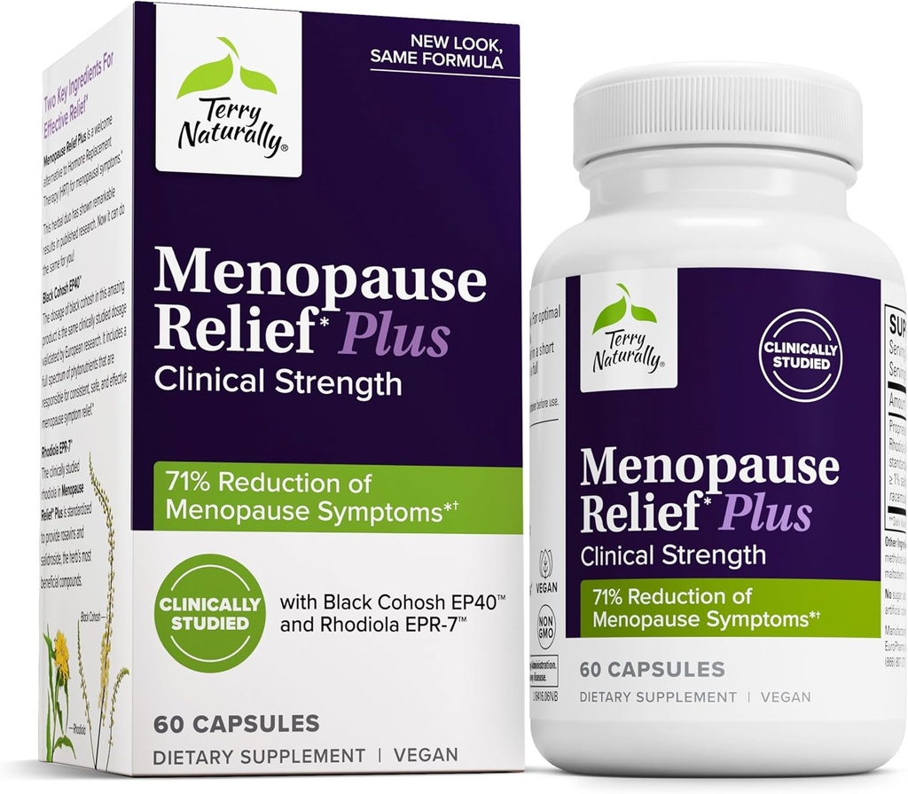 Terry naturligt Menopause Relief Plus - Menopause symptom supplement - supplement til støtte mod lejlighedsvis træthed & nat sveder - supplement med Rhodiola & Black Cohosh - 60 kapsler