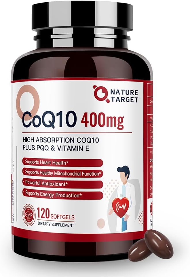 NATUR TARGET CoQ10 400mg med PQQ, E-vitamin & Økologisk Olivenolie - Høj Absorption Coenzyme- Q10 med BioPerine - Antioxidant- for- Heart- Health and Energy Production, 120 Servering