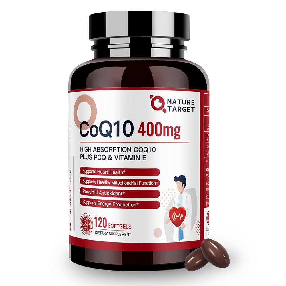 NATUR TARGET CoQ10- 400mg Plus PQQ med vitamin E & Økologisk Olivenolie - Coenzyme- Q10 med BioPerine - Høj Absorption Antioxidant- for- Heart- Health and Energy Production, 120 Servering
