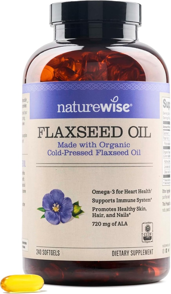 NatureWise Flaxsee Oil 1,242 mg, Fish Free Omega 3 6 9 med 720mg ALA, Kosttilskud til hjertesundhed - Økologisk, kold presset, Non- GMO - 240 Softgels [8- måned Supply]
