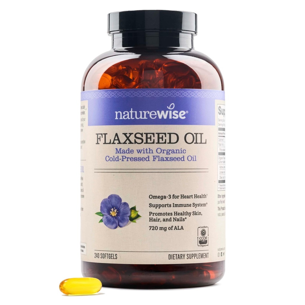 NatureWise Flaxsee Oil 1,242 mg, Fish Free Omega 3 6 9 med 720mg ALA, Kosttilskud til hjertesundhed - Økologisk, kold presset, Non- GMO - 240 Softgels [8- måned Supply]