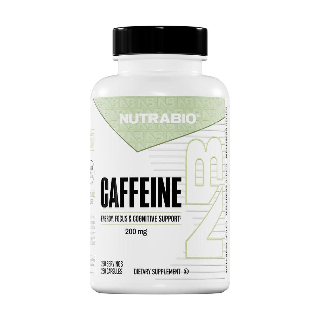 NutraBio 100% rene koffein kapsler (250 kapsler)
