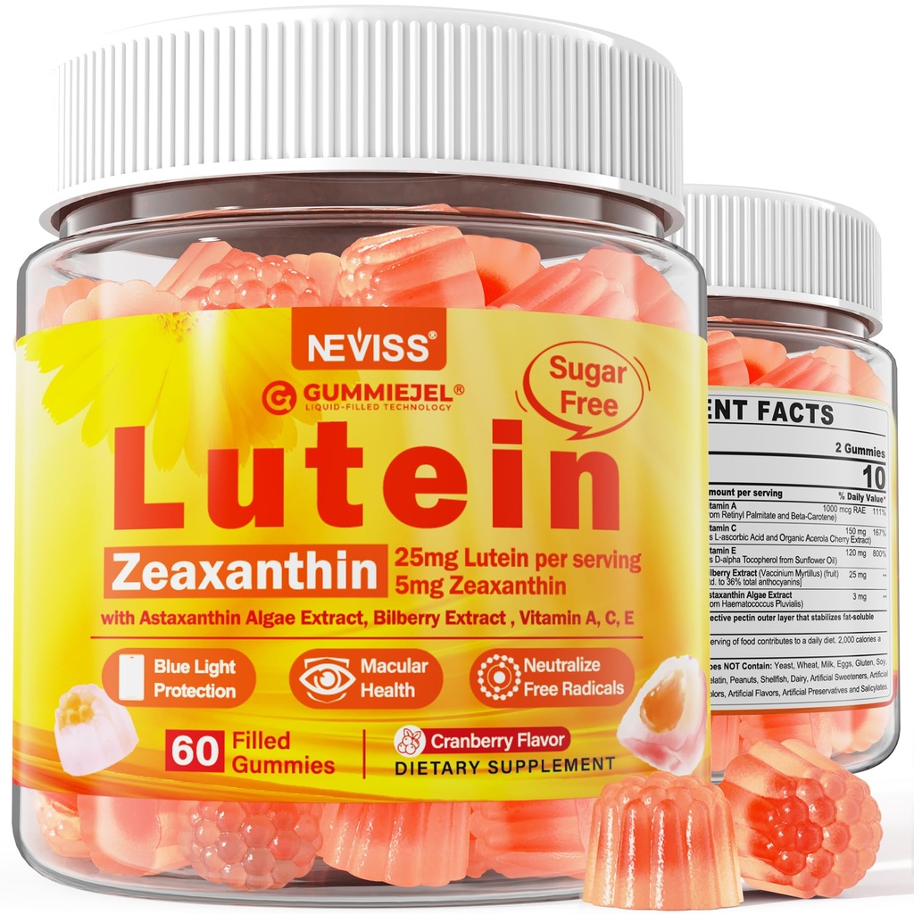 Sugar- Free Lutein Zeaxanthin Kosttilskud Gummies (25mg) Vitamin A, C, E, Bilberry, Astaxanthin - Kokosolie til bedre absorption - Voksne & Teens Vision Sundhed, Eye Strain, Try Eyes - Vegan, 60Cts