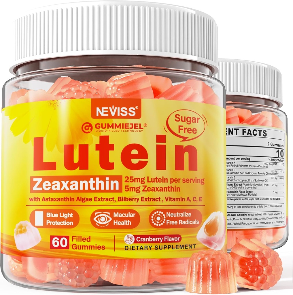 Sugar- Free Lutein Zeaxanthin Kosttilskud Gummies (25mg) Vitamin A, C, E, Bilberry, Astaxanthin - Kokosolie til bedre absorption - Voksne & Teens Vision Sundhed, Eye Strain, Try Eyes - Vegan, 60Cts