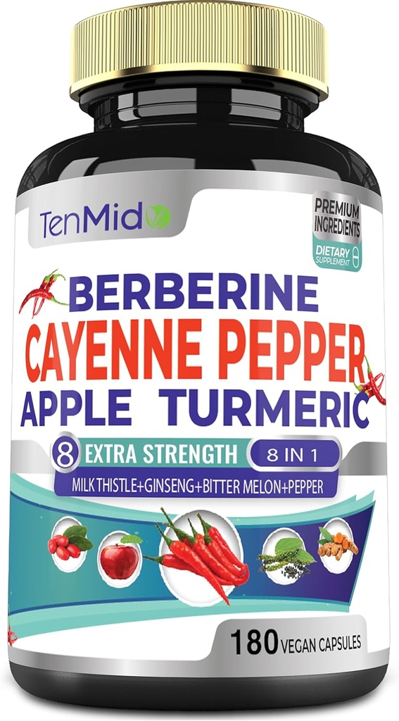 Cayenne Pepper Kosttilskud Uddrag Kapsler, 180 Kapsler & Berberine, Apple, Gurkemeje Curcumin, Bitter Melon, Ginseng, Mælk Thistle Medical 124; Understøtter hjerte sundhed, fremmer fordøjelsesfunktion